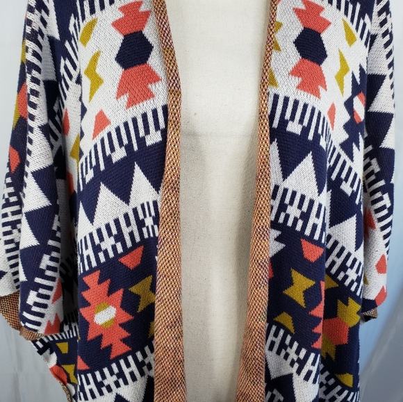 Wild Pearl Aztec Design Open Front Cardigan Lagen Look Blue & Orange Knit Sz M. - Picture 3 of 16